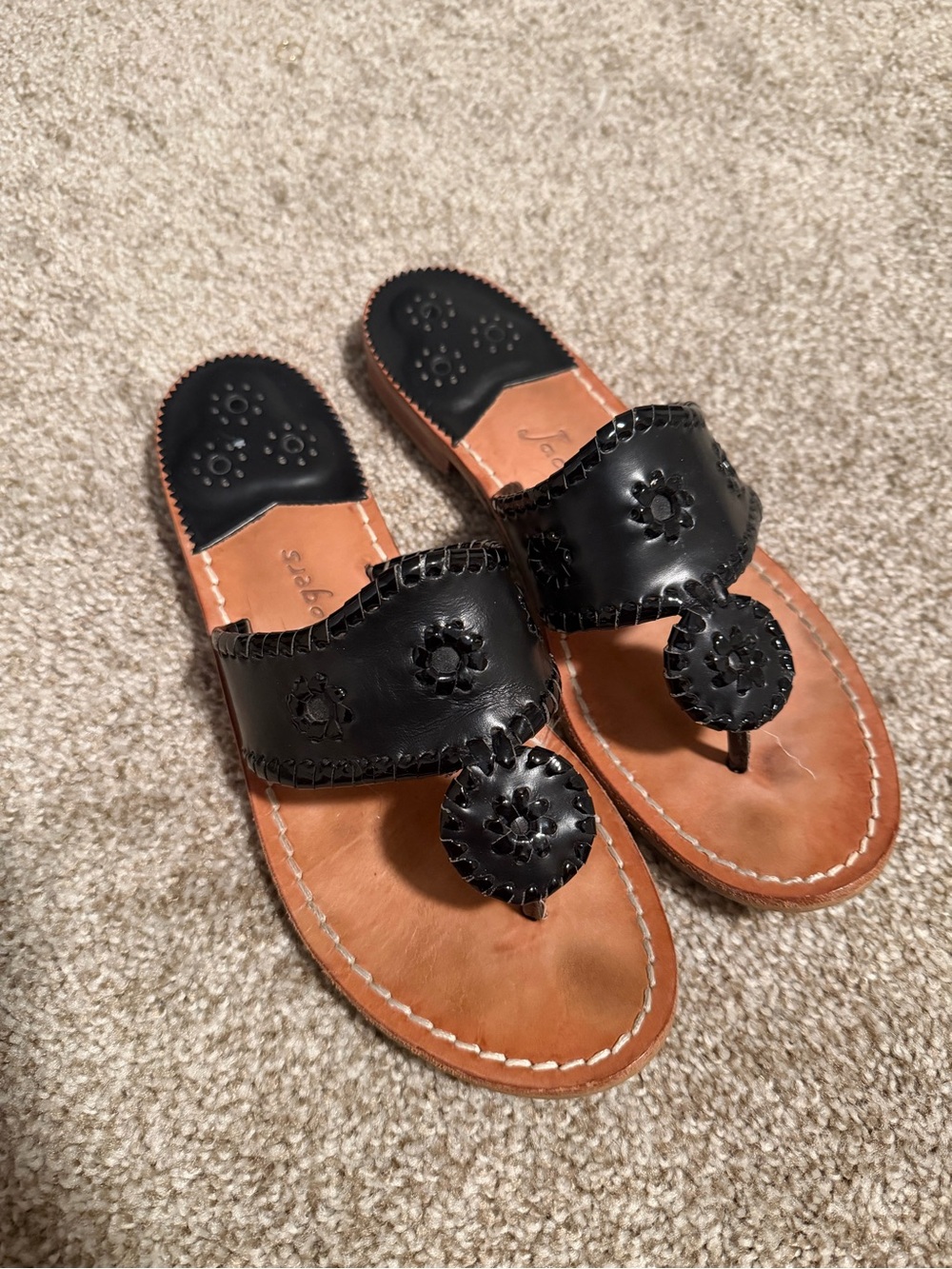 Jack Rogers Black Leather Floral Thong Sandals with Tan Footbed